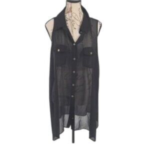 BCBGMaxAzria black sleeveless sheer button-down tunic top size M